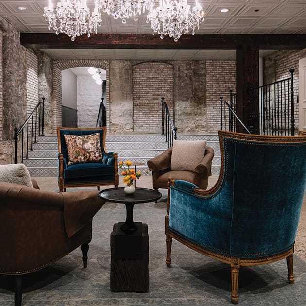 A seating vignette in The Portside Room at St. James Hotel.