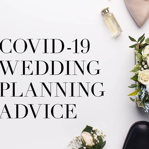 Covid-19 Wedding planning advice with bride and grooms shoes and bouquet.