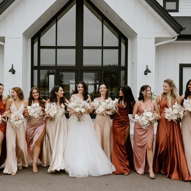 Multicolored mismatched dresses: on trend perfect for all body types and skin tones. ~ Candace Holmstadt, 651 Studio Floral | Photo: Stephanie Marie Photography, Venue: Woodhaven 