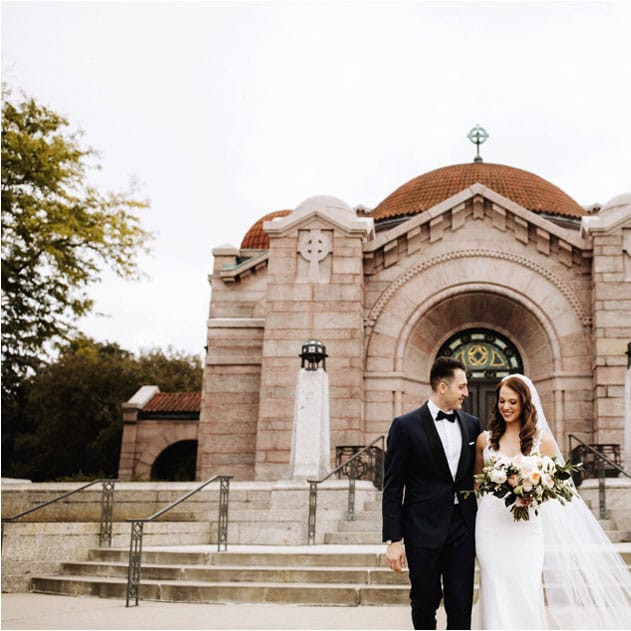Allie and Daniel at Lakewood Memorial Chapel after their wedding ceremony.