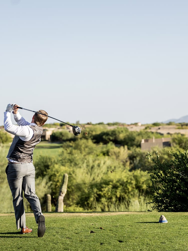 Kloos Wedding, AZB, Groom Hitting Golf Ball