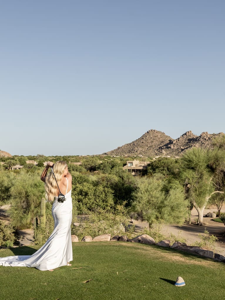 Kloos Wedding, AZB, Bride Hitting Golf Ball