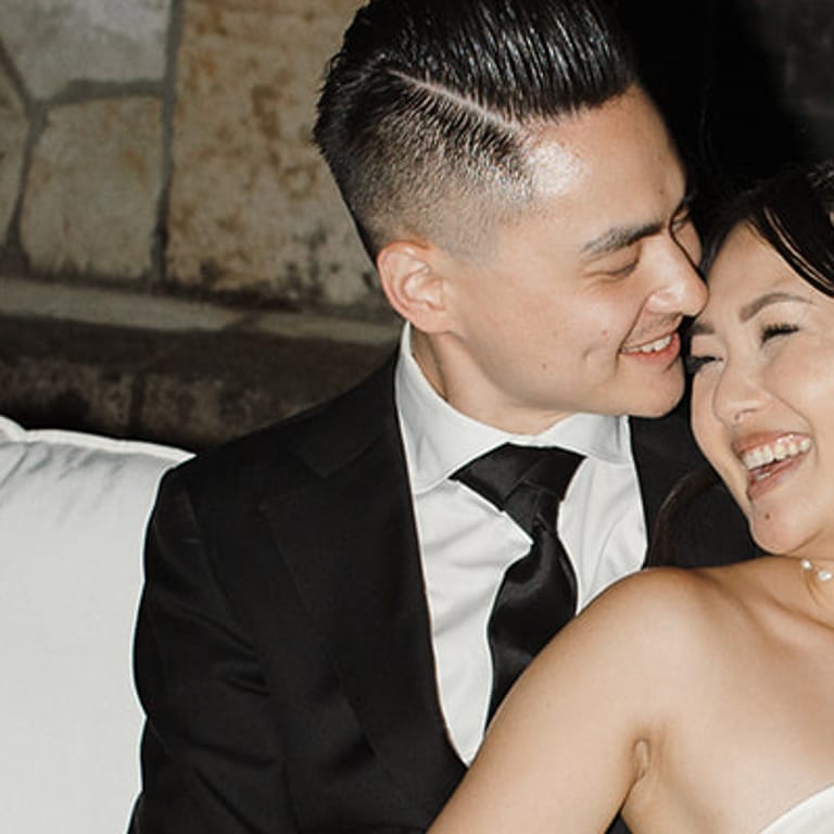 Stephanie and David Lounge Happily at Wedding at Tre Posti