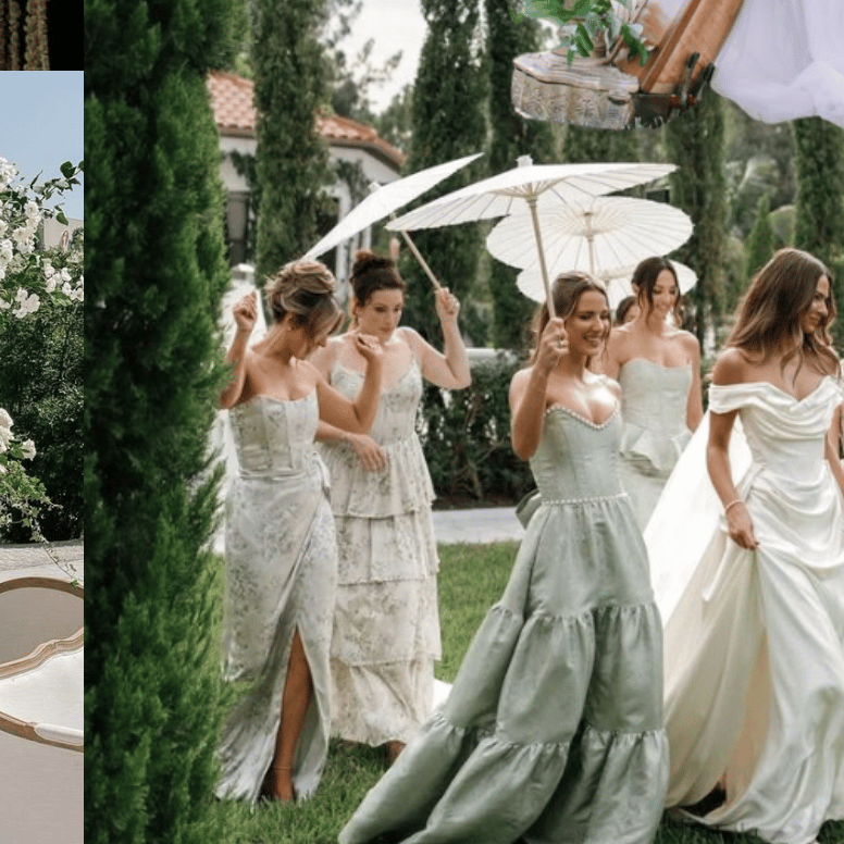 Taylor Swift wedding inspiration mood board with ornate white buttercream cake, classic urn florals, parasol bridesmaids in sage, and an estate garden ceremony aisle.