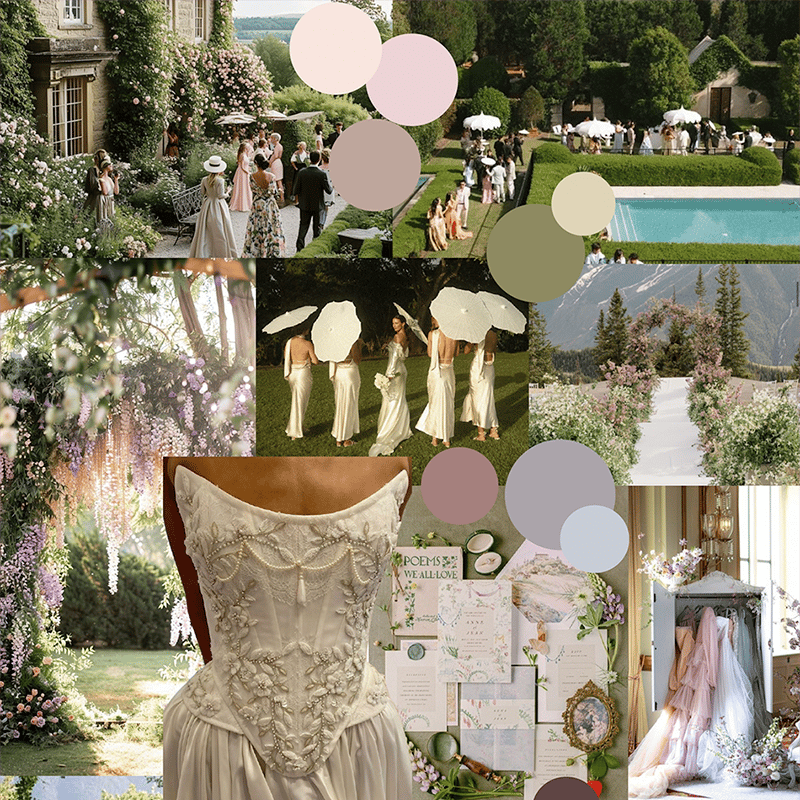 Mood board for a Taylor Swift & Travis Kelce–style wedding featuring a wisteria-covered estate, parasol bridesmaids, pearl-embellished corset gown, pastel stationery, harp, and garden tablescapes in blush, mauve, and sage.