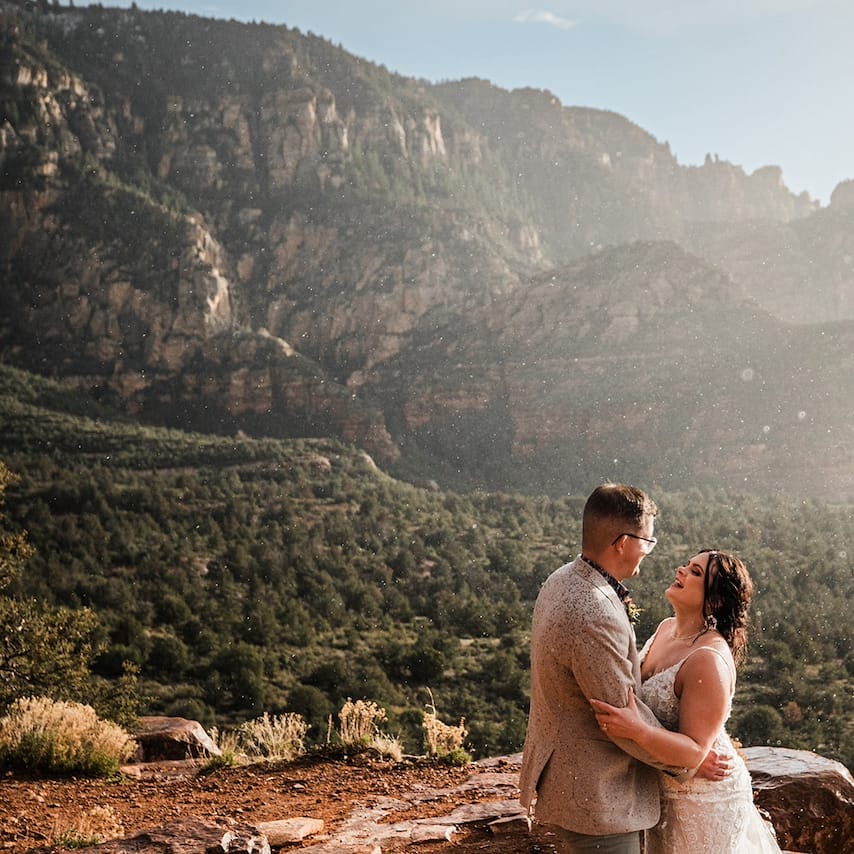 Raynie and Steven Get Caught in a Sun Shower Adding Romance to their Red Rock Elopement in Sedona