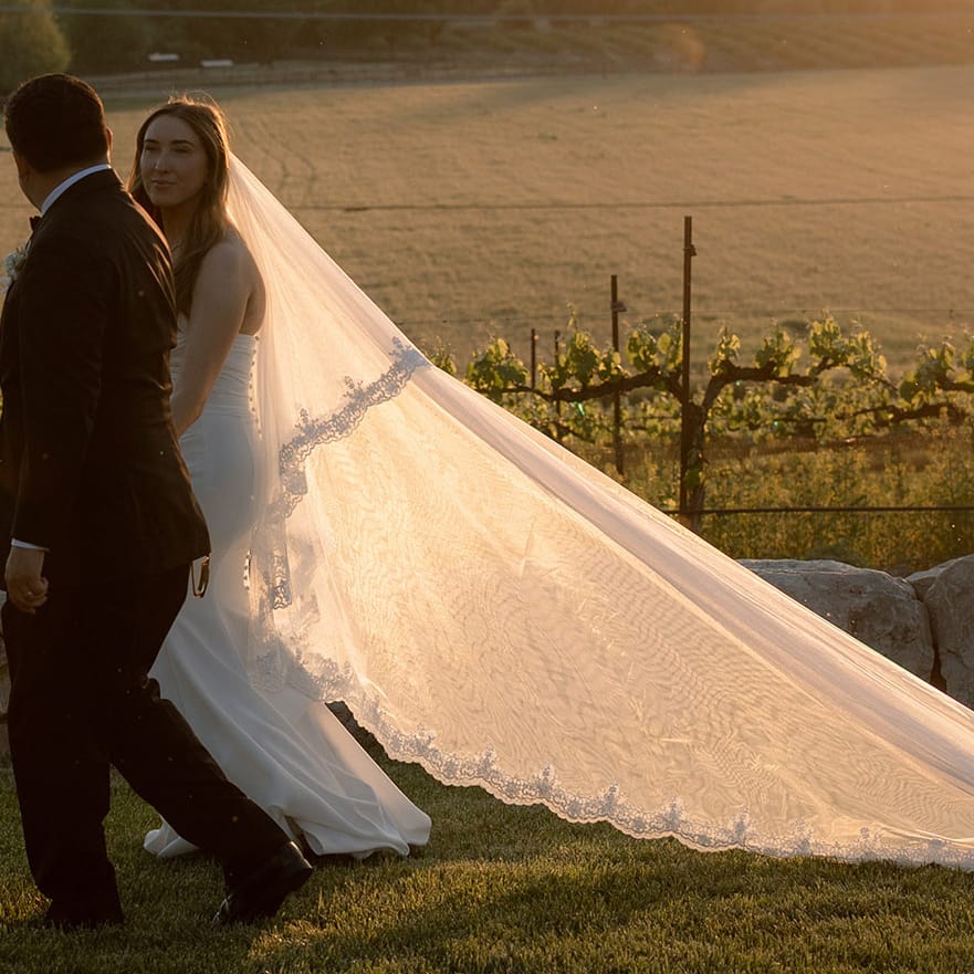 Bride and groom walk hand in hand on the grounds of Hearst Ranch Winery during golden hour