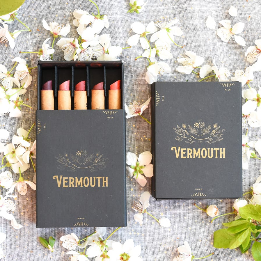 Vermouth Beauty lip crayon box with biodegradable, sustainable lipsticks