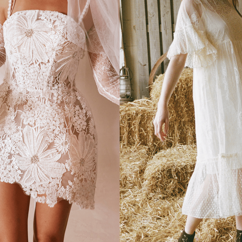 Detailed view of the Ravella mini dress by Grace Loves Lace with 3D floral lace and the vintage-inspired Havisham dress by Joanie featuring sheer sleeves and ruffled layers