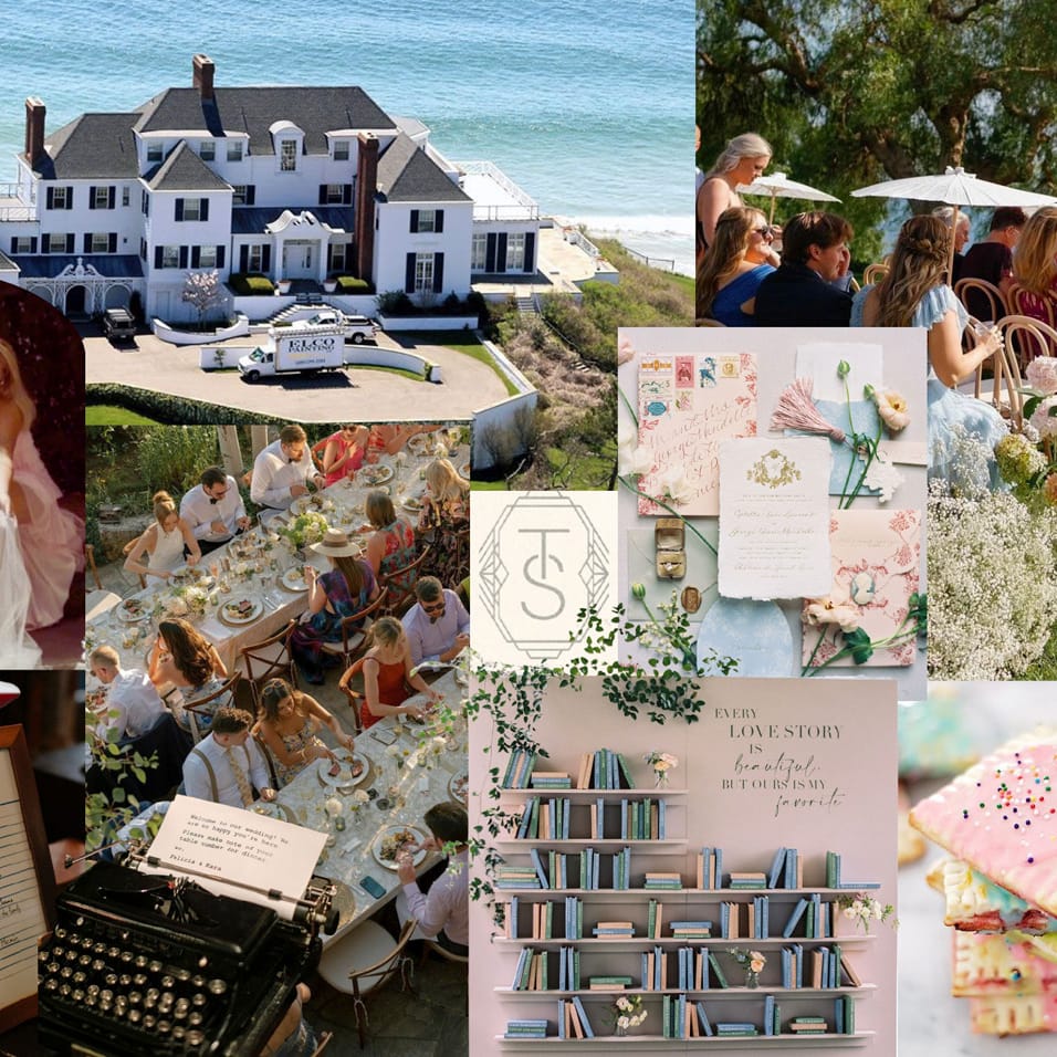 Taylor Swift wedding inspiration mood board with literary nods, soft romantic tones, cozy host-at-home ideas, and refined fashion accents.